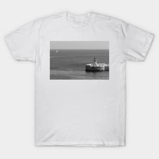 Away. Sailboat and Lighthouse off Malta Coast BW. T-Shirt